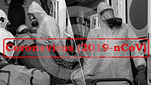 Medics in a suit of chemical and biological protection. Coronavirus 2019-nCoV Stamp