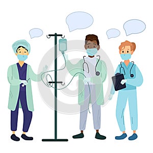 Medics of various nationalities illustration in color cartoon style. Editable vector graphic design.