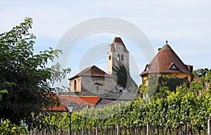 Medieval abbey among vineyards in Durnstein