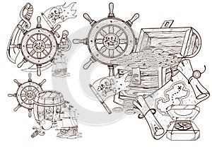 Medieval adventure. Treasures of the and sea attributes. Set of black and white illustrations for coloring outline of pirated item