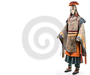 Medieval ancient Mongolian warrior in armor. White background, isolate. AI generated.