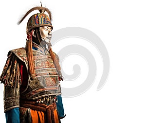 Medieval ancient Mongolian warrior in armor. White background, isolate. AI generated.