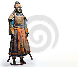Medieval ancient Mongolian warrior in armor. White background, isolate. AI generated.