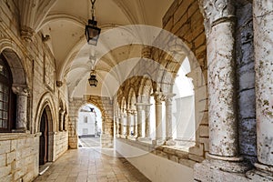 Medieval arcades in historic Estemoz, Portugal