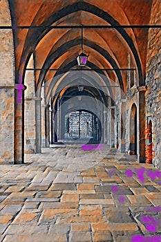 The medieval arcades of Piazza Cittadella Bergamo as painting