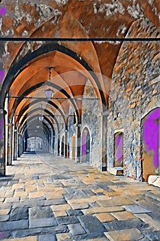 The medieval arcades of Piazza Cittadella Bergamo as painting