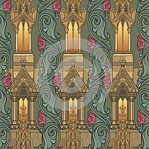 Medieval architectual elements Seamless pattern in a style of a medieval tapestry or illuminated manuscript.