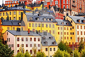Medieval architecture in Stockholm, Sweden. Colorful houses of the Old Town architecture in Sodermalm district