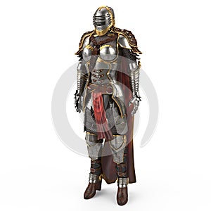 Medieval armor of fantasy full of women with a closed helmet and red cape. isolated white background. 3d illustration