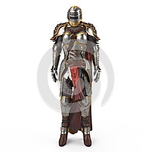 Medieval armor of fantasy full of women with a closed helmet and red cape. isolated white background. 3d illustration