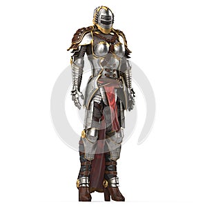 Medieval armor of fantasy full of women with a closed helmet and red cape. isolated white background. 3d illustration