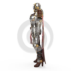 Medieval armor of fantasy full of women with a closed helmet and red cape. isolated white background. 3d illustration