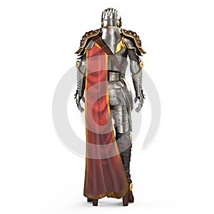Medieval armor of fantasy full of women with a closed helmet and red cape. isolated white background. 3d illustration photo