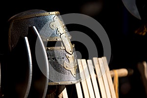 Medieval armor helmet, detail of arches and axes of medieval appearance