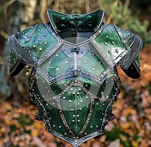 Medieval armor suit displayed outdoors
