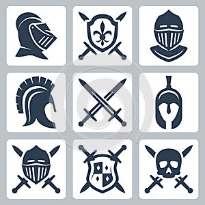 Medieval armor and swords icons in glyph style