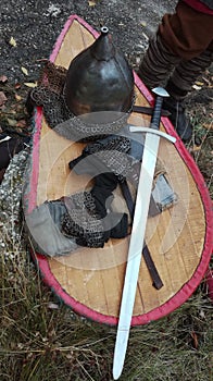 Medieval armor and weapons of a warrior