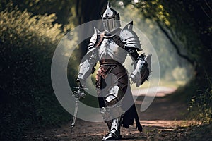 medieval armor white black walking knight