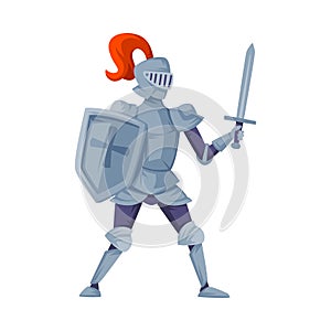 Medieval armored knight. Ancient warrior with shield and sword vector illustration