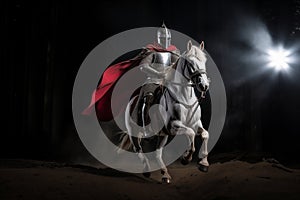 Medieval armored knight galloping horse at night. Generative AI