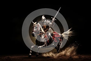 Medieval armored knight galloping horse in smoke of dust. Generative AI