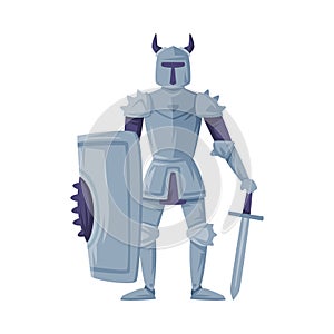 Medieval armored knight in horned helmet. Ancient warrior with shield and sword vector illustration