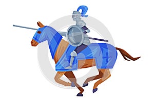 Medieval armored knight on horseback holding sword in his hands preparing to strike in joust vector illustration