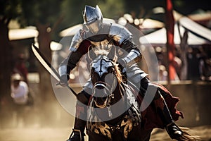 Medieval armored knight riding horse galloping for attack. Generative AI