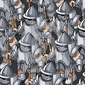 Medieval armored knights formation hand drawn seamless pattern, warriors weapons