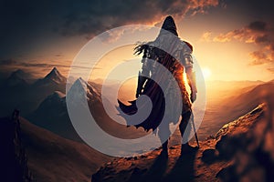 medieval asian armed male Kazakh warrior in traditional armor on top of mountain at sunset. Generative AI illustration