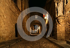 Medieval Avenue of the Knights at night, Rhodes