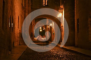 Medieval Avenue of the Knights at night, Rhodes