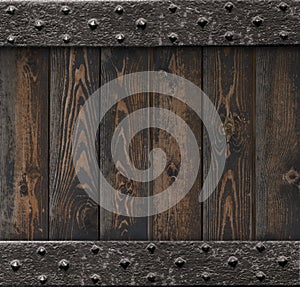 Medieval background with old metal frame over wooden planks 3d illustration