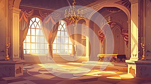 Medieval ballroom in a palace for dance and dining with window. Golden nobility chandelier above table and chair. Magic photo
