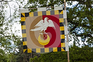 Medieval banner with heraldic symbols at historic festival. photo
