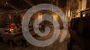 Medieval banquet hall lit by candles and torches at night. 3D illustration