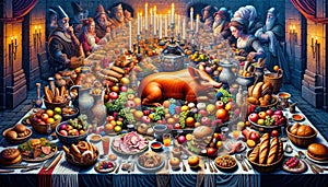 Medieval Banquet Scene with Nobility and Abundant Food photo