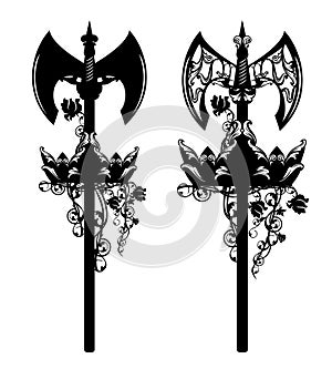 Medieval battle axe, king crown and rose flowers black vector design set