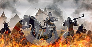 Medieval battle of knights in fire