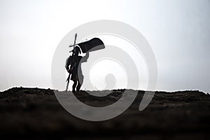 Medieval battle scene with cavalry and infantry. Silhouettes of figures as separate objects, fight between warriors on sunset