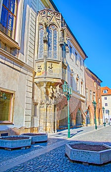 The medieval Bay Oriel window of Karolinum, the historical University building in Old Town of Prague, Czech Republic