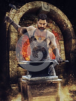 Medieval blacksmith in his forge