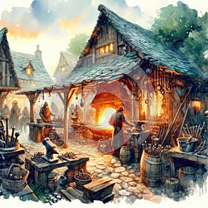 Medieval Blacksmith Workshop Illustration