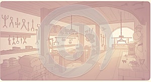 Medieval blacksmith workshop interior displaying tools, armor, and forge awaiting creation.