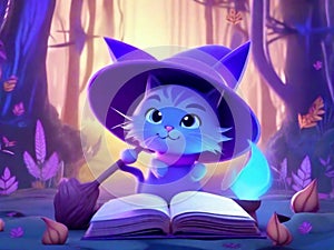 Medieval blue purple cat reading book at the forest simple 3D Leonardo AI Computer Generated,.