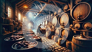 Medieval Brewery Cellar with Barrels and Brewing Monk