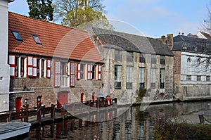 Medieval brick houses by canal Brugge, Belgium