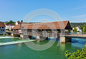 Medieval bridge over the Reuss river in the Swiss town of Bremgarten