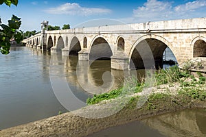 Medieval Bridge from period of Ottoman Empire over Meric River in city of Edirne, Turkey