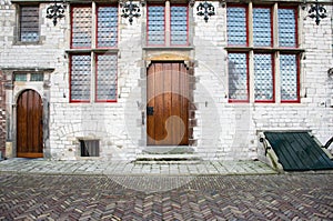 Medieval building veere the netherlands. Front of a stone house. Middle ages architecture.